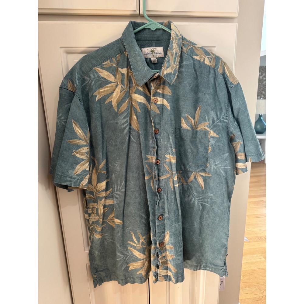 Island Shores XXL Teal Blue Floral Palm Tree Print Button Up Hawaiian Shirt